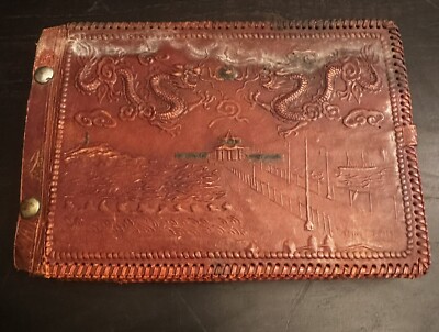Vintage Leather Photo Album 1940s Pacific Theater TSINGTAO PIER Rice Paper-image