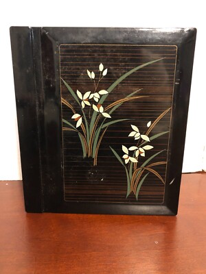 VTG Asian Japanese Lacquer Cover Flower Painted Scrapbook Photo Album Size Small-image