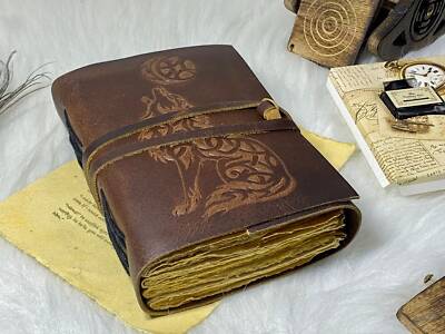 Leather bound journal trible wolf leather printed travel notebook handmade-image