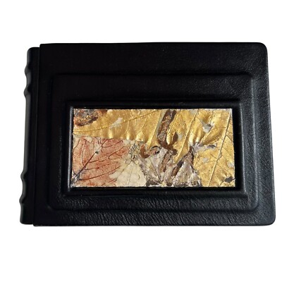 Photo album leather bound black gold leaf leaves handmade paper scrapbook-image