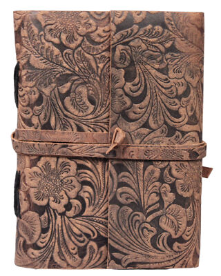 Flower Embossed Leather Diary Handcrafted Journal Brown Vintage Writing Book New-image