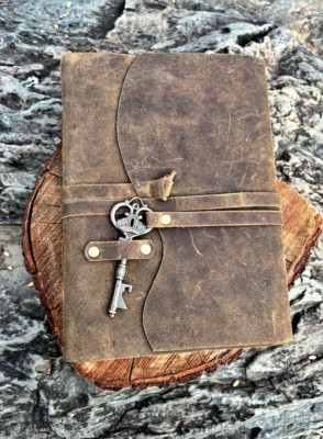 String Key Leather Bound Vintage Notebook/Diary/ Sketchbook with DECKLE Pages-image