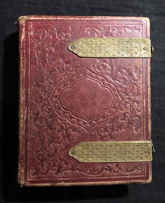 Antique Red Leather Brass Bound PHOTO ALBUM 2 Tintypes, 4 CDV Cards, 1 VTG-image