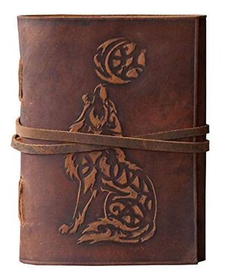 Wolf Leather Journal Embossed Bound - Writing Notebook Handmade Daily Notepad...-image