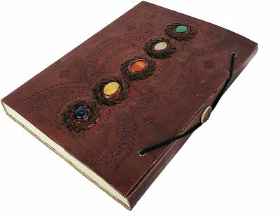 Handmade Chakra Stone Leather Bound Notebook Writing Journal Diary Deckle Books-image