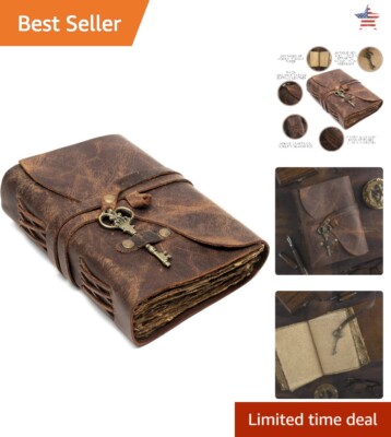 Antique Handmade Leather Bound Journal - Vintage Paper - Red Brown, 7.5