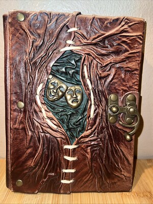 Leather Bound Bounded Sketch Notebook Diary- Metal Latch- Theater Drama Masks-image