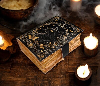 400 Page Large Grimoire leather journal, Print Little Witch, Blank spell book of-image