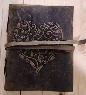Leather Bound Journal, With Heart Emboss, Handmade, Rustic, Tie Enclosure-image