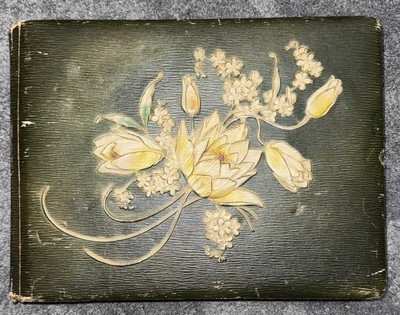 Antique Green Floral Art Nouveau Photo Album Leather Cover / Hold 60 Photos-image