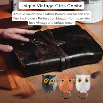 Antique Handmade Leather Men And Women Diary & Owl Keying Holder Pack-image