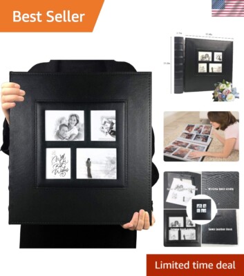 Black Leather Memory Book - 60 Pages for Wedding, Vacation & Family Photos-image