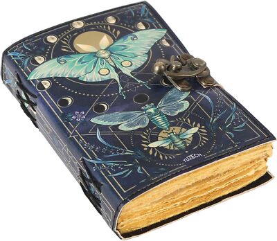 Book of Spells Leather Bound Moths Journal Deckle Edge Paper Grimoire Printed...-image