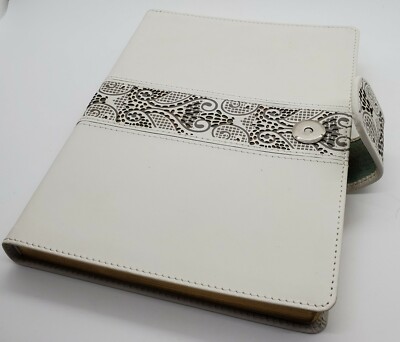 White Leather Bound Journal Notebook w Gilt Pages and Scrolling - NEW IN BOX -image