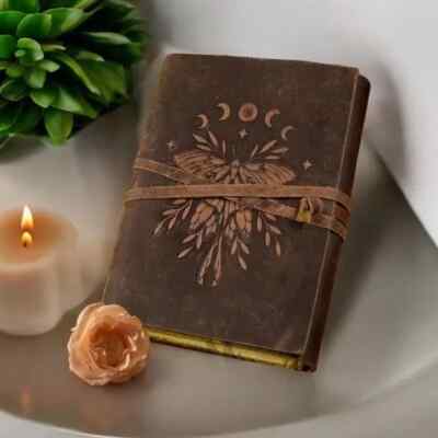 Luna Moth - Vintage Leather Journal - Handmade Deckle Edge Paper Leather Bound.-image