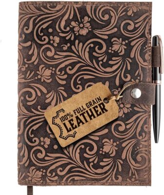 Leather Journal for Women Refillable A5 320 Lined Pages Vintage Notebook Pen-image