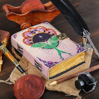 Spell book of shadows Vintage leather bound journal luna moth witch antique book-image
