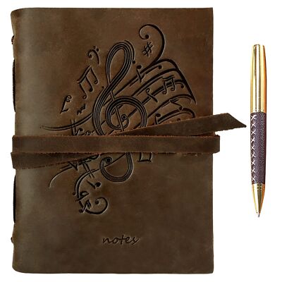 Leather Bound Journal for Men and Women, Handmade Gift Set with Music Notes E...-image