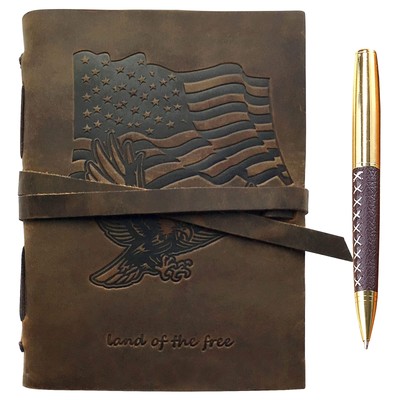 Leather Bound Journal for Men and Women, Handmade Patriotic Gift Set with USA...-image