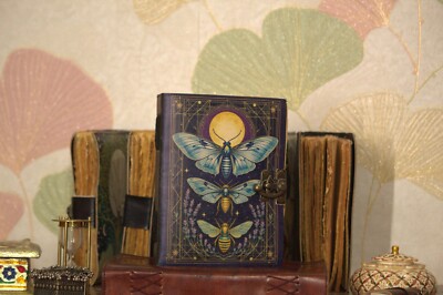 Book of Spell Leather Bound Luna Moths Journal Deckle Edge Paper Vintage Leather-image