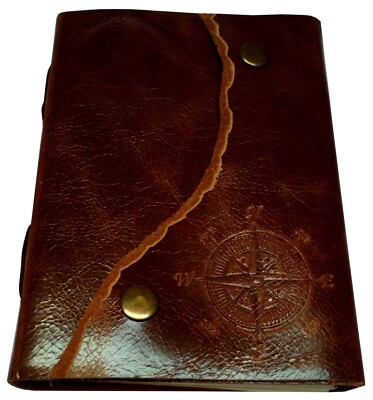 A5, Medium, Leather Bound Journal, Compass Rose, Travel Journal, Brown Leather,-image