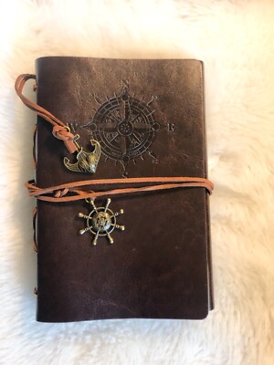 Brown Leather Bound Nautical Themed Journal With Anchor and Compass Pendants  D-image