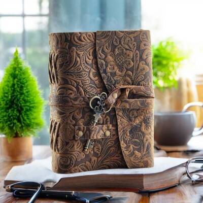 Unique garden flowers key bound handmade leather journal antique notebook-image