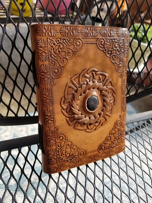Chakra Leather Journal Notebook Handcrafted Etched Design With Stone Blank Diary-image