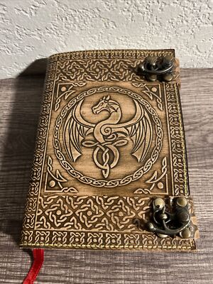 Leather Bound Journal With Dragon On It And Metal Enclosure -image