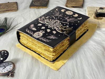 Moth & moon leather journal witchy decor leather bound journal notebook-image