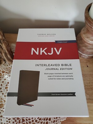 NKJV, Interleaved Bible, Journal Edition Dark Brown Genuine Leather NIB-image