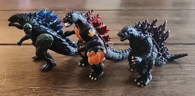 Vintage Godzilla Lot Of 3 Burning Fire Blue Red Mini Action Figure 3” Bandai VTG-image