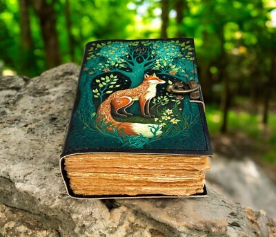 400 Pages - Grimoire Fox Leather Journal Blank Spell book of shadows Fat journal-image