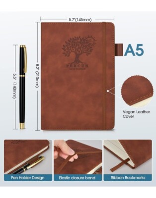 Brown Lined Journal Notebook with Pen, A5 Leather Bound Journals-image