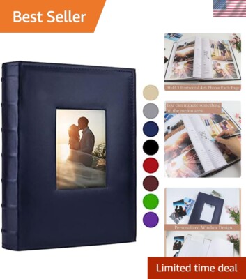 Elegant 4x6 Photo Album - Holds 300 Pictures with Memo Area, Blue Leather Cover-image