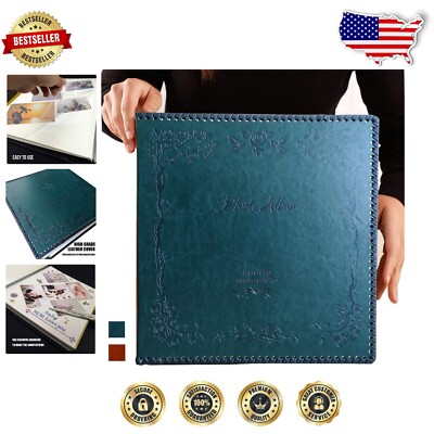 Elegant Dark Green Vintage Leather Photo Album with Self-Adhesive Magnetic Pages-image