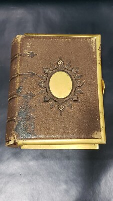 Antique Brass Leather Bound Photo Album with 13 Photos-image