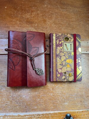 Lot of 2 Small Brown Leather w Embossed Leaves & Gilt & Brown Mini Monogram M-image