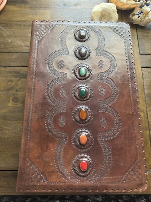 Humongous Leather Bound Journal With Chakra Gemstones. Vintage Grimoire. Blank-image