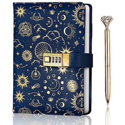 Navy Blue NightSky Diary with Lock , Gold Foil PU Leather Journal with Lock -image