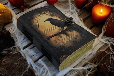 Raven grimoire vintage handmade notebook leather journal leather bound journal-image