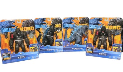 4x Godzilla vs Kong Figures: Godzillla Radio Tower Kong Battle Axe Fighter Jet-image