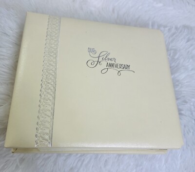 Vintage Silver Anniversary Photo Curio Album Leather Cover 6 x 7 Gold Hinged-image