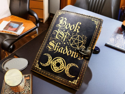 Handcrafted Leather Journal – Blank Spell Book of Shadows with Metal Lock-image