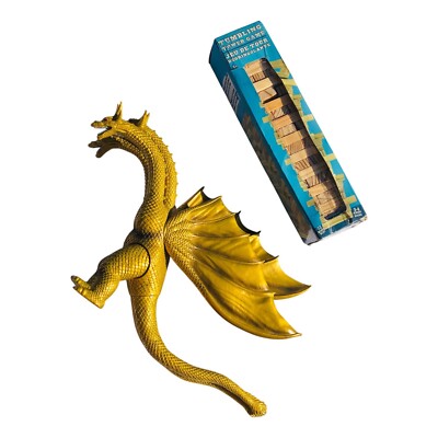 1998 Bandai Godzilla King Ghidorah Gold 3 Headed Dragon Figure + Tumble Game-image