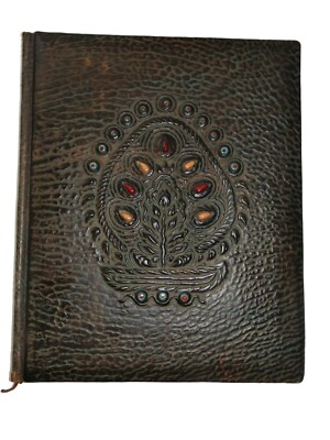 HUGE OLD Vintage Artisan Brown Leather Bound Book NoteBook Hard Covers Pagan-image