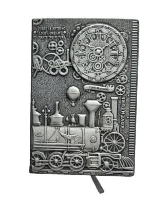 Vintage Steampunk Train Clock PU Leather Hard Cover Journal - Silver-image