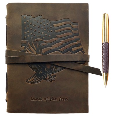 Leather Bound Journal for Men and Women, Handmade Patriotic Gift Set with USA...-image