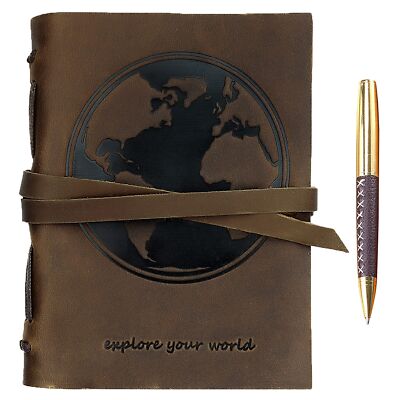 Leather Bound Journal for Men and Women, Handmade Gift Set with World Map Emb...-image