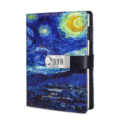 Starry Diary with Lock, A5 PU Leather Journal with Combination Lock Digital P...-image